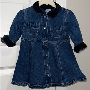VINTAGE 90s Baby Gap Denim Blue Dress with Black Velvet Trim & Pearl Buttons